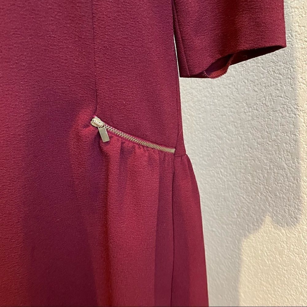 promod Burgundy Drop Waist Mini Dress with Faux Pockets and 3/4 Sleeves EU 38 - Picture 2 of 15